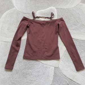 JACQUEMUS Le Tshirt Sierra in Brown Off Shoulder Long Sleeve Top - Sz Small